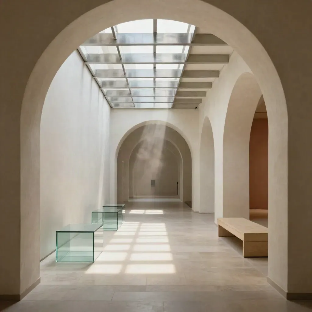 Sunlit gallery corridor with repeating arches and silver skylight bars, floor open below.