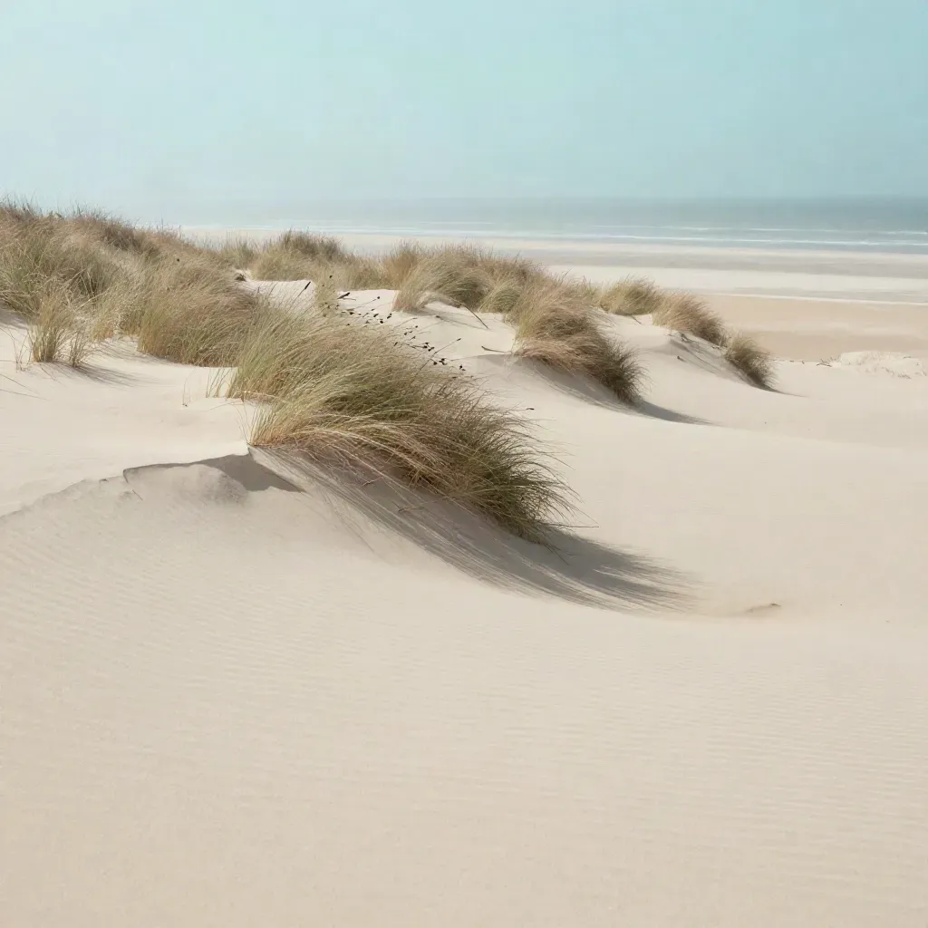Wind-shaped dune ridge with mist, grass, and open sand under soft coastal light