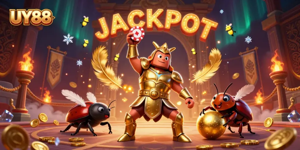 Experience excitement at UY88 with a triumphant beetle champion lifting a poker chip in a vibrant gambling scene.