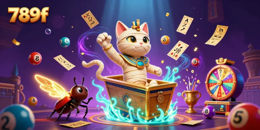 Experience thrilling 789f gameplay with vibrant visuals of a mummy cat and gold elements.