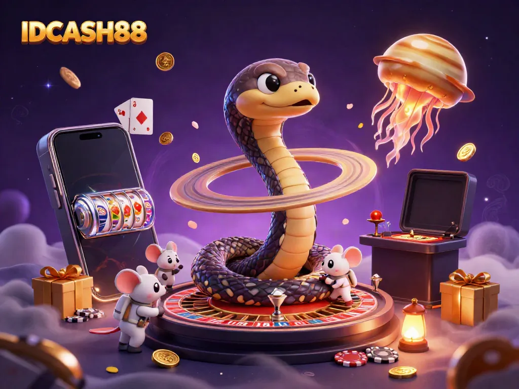 Experience IDCASH88 with thrilling gameplay and vibrant visuals at this cosmic casino illustration.