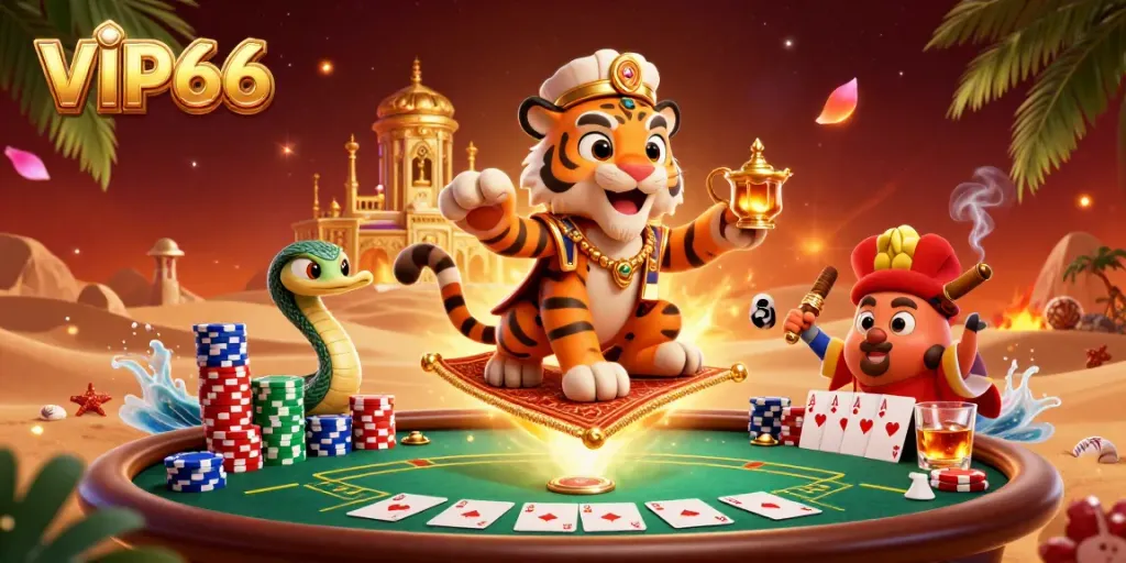 Engage with VIP66's thrilling adventures showcasing a tiger sultan with action-packed poker elements.