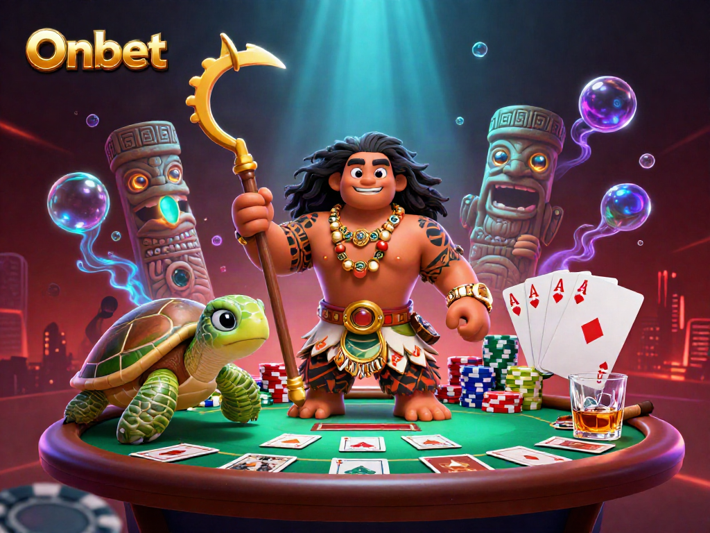 Engage in vibrant Onbet gaming with our Polynesian demigod amidst poker chips and glowing tiki statues