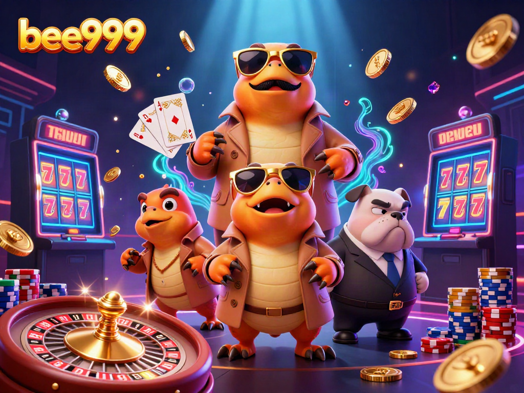 Experience the excitement of bee999 with raptors in disguise entering a VIP lounge amidst flying casino elements.