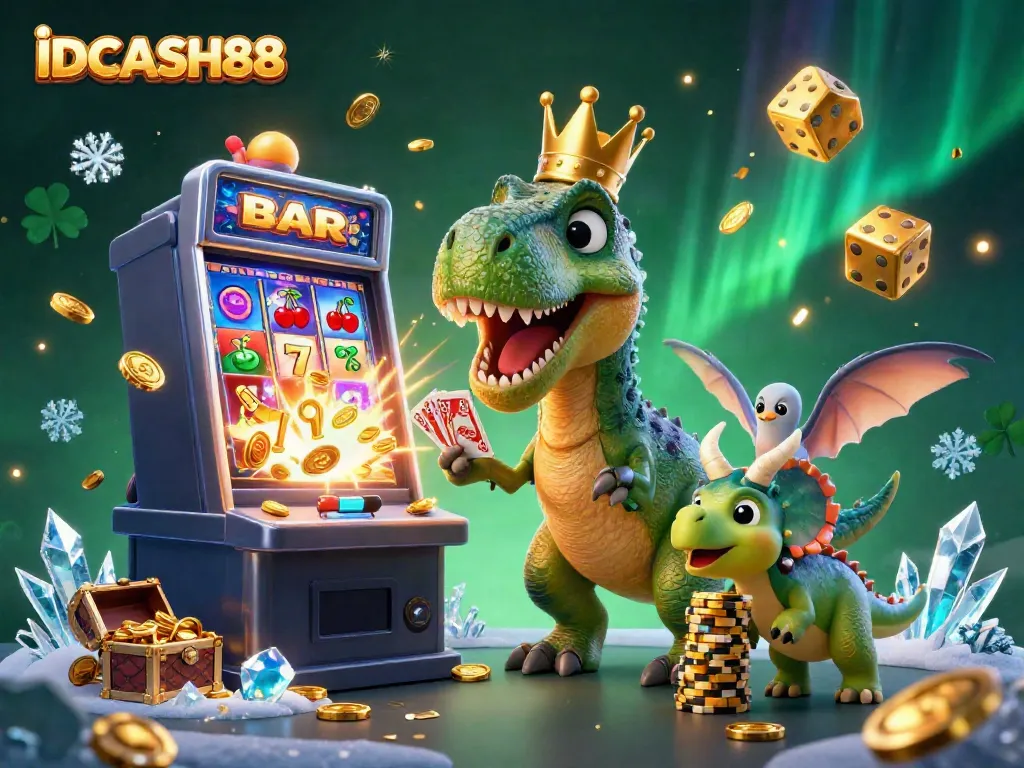 Experience the excitement of IDCASH88 with a playful casino scene featuring a T-Rex and friends.