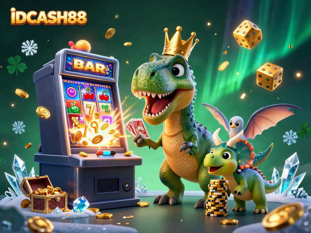 Experience the excitement of IDCASH88 with a playful casino scene featuring a T-Rex and friends.