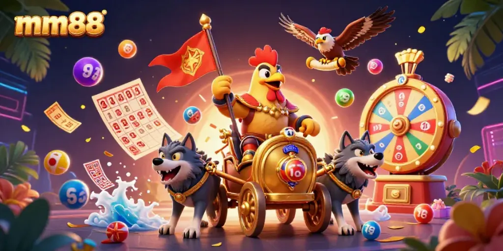 Experience mm88 gaming excitement with a colorful and dynamic lottery-themed 3D illustration.