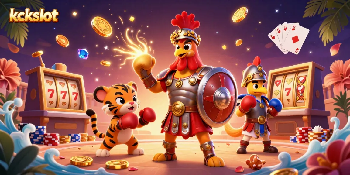 Gambarkan kckslot dengan gladiator ayam dan elemen kasino yang penuh warna di kolosium.