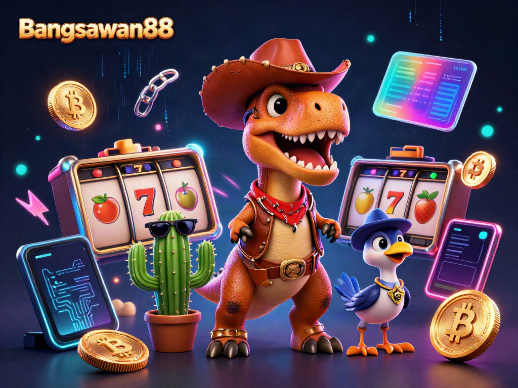 Bangsawan88 brings the excitement of online slots with a vibrant scene featuring a T-Rex, cactus, and roadrunner.