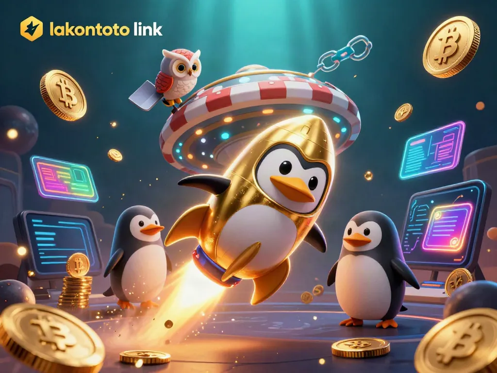 Mengakses link lakontoto dengan penguin emas bertema luar angkasa di dunia kasino yang penuh dengan koin emas.