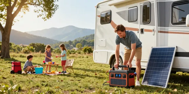 Family connecting a 12-volt battery to camping gear in scenic outdoor setting.