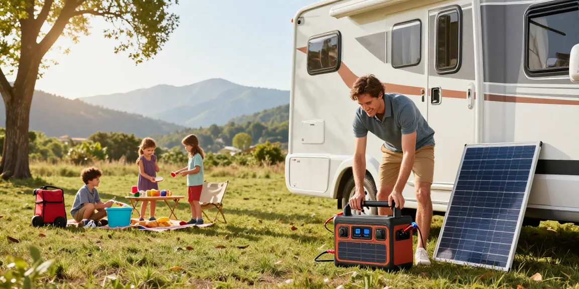 Family connecting a 12-volt battery to camping gear in scenic outdoor setting.