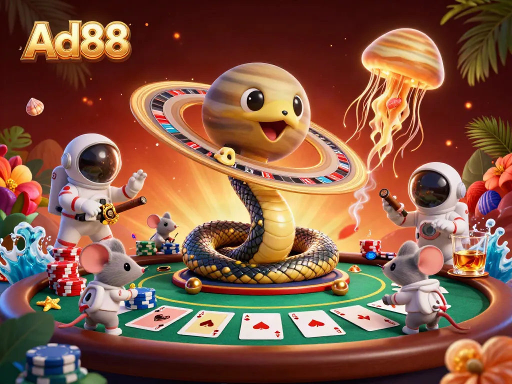 Experience thrilling bets at Ad88's cosmic gambling extravaganza with vibrant characters and casino elements.
