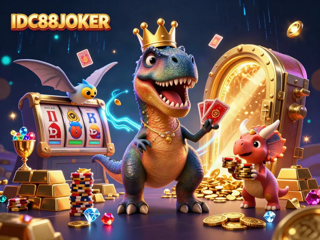 Engage with IDC88JOKER's thrilling gaming dynamics featuring a card-shuffling T-Rex and dazzling treasures.