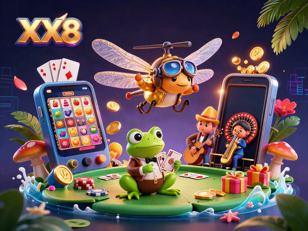 Experience the vibrant world of XX8 with a dragonfly pilot overseeing a lily pad casino and engaging games.