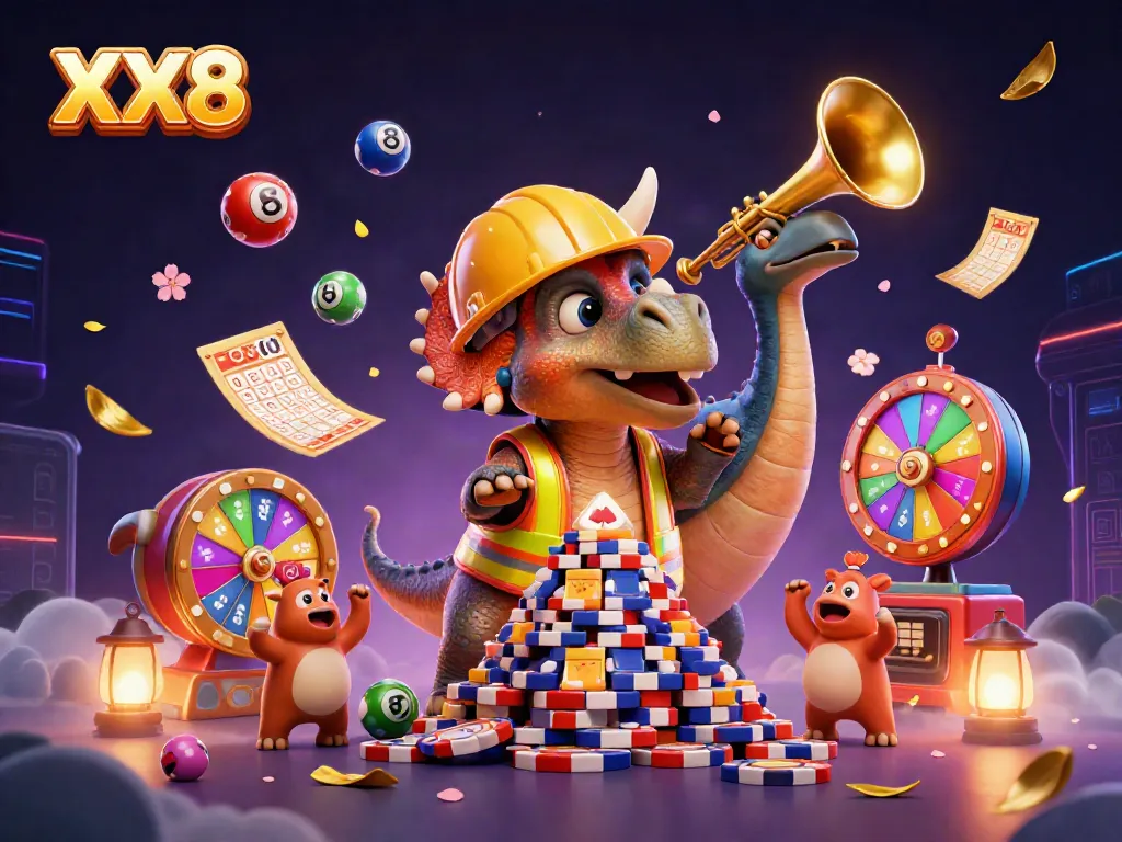 Experience XX8 with a lively scene featuring dynamic cartoon dinosaurs celebrating casino gaming.