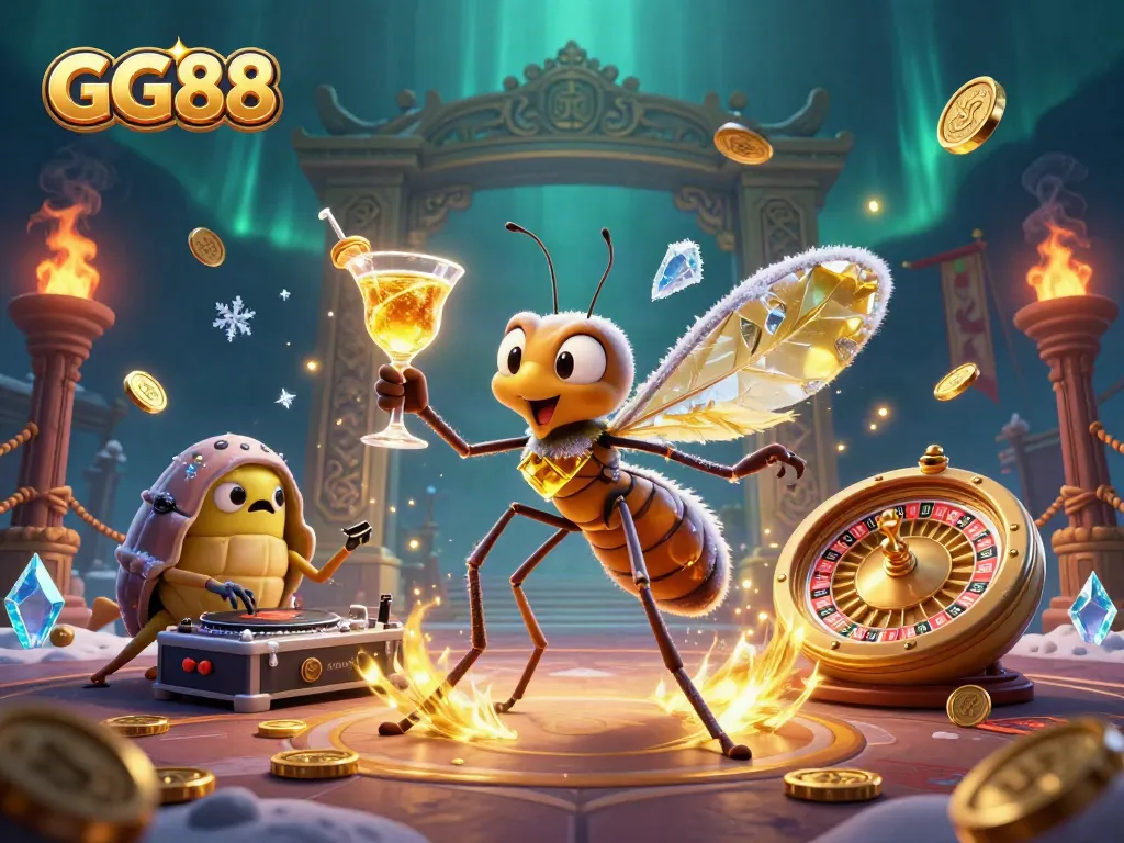 Experience an electrifying GG88 casino scene with a frozen mosquito mascot, trilobite DJ, and golden roulette wheel.