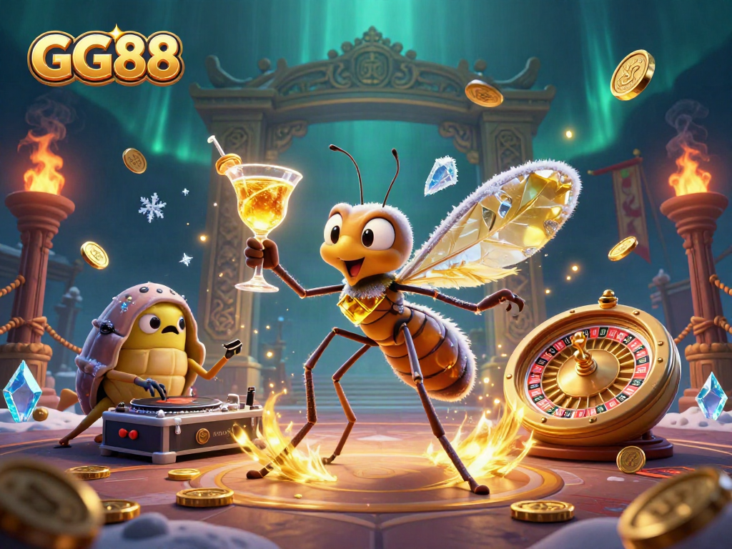 Experience an electrifying GG88 casino scene with a frozen mosquito mascot, trilobite DJ, and golden roulette wheel.