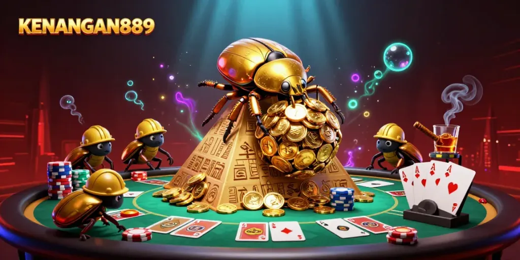 Experience excitement at KENANGAN889 with golden beetles and vibrant casino elements.