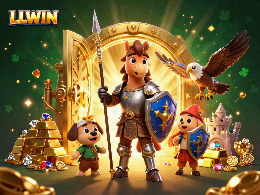 Experience thrilling gaming adventures at LLWIN with a vibrant illustration of a knight and treasures.