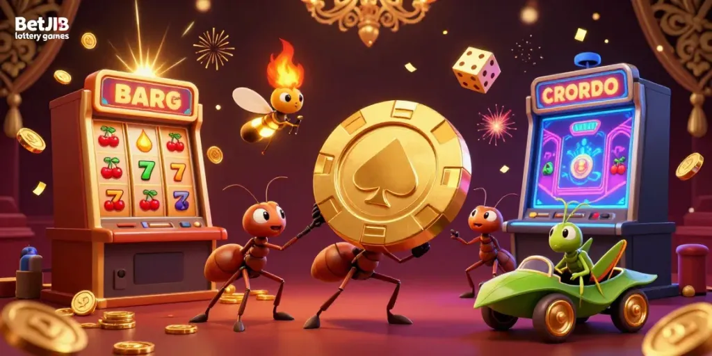 Experience the excitement of BetJDB lottery games with ants stealing a giant poker chip in a vibrant casino scene.