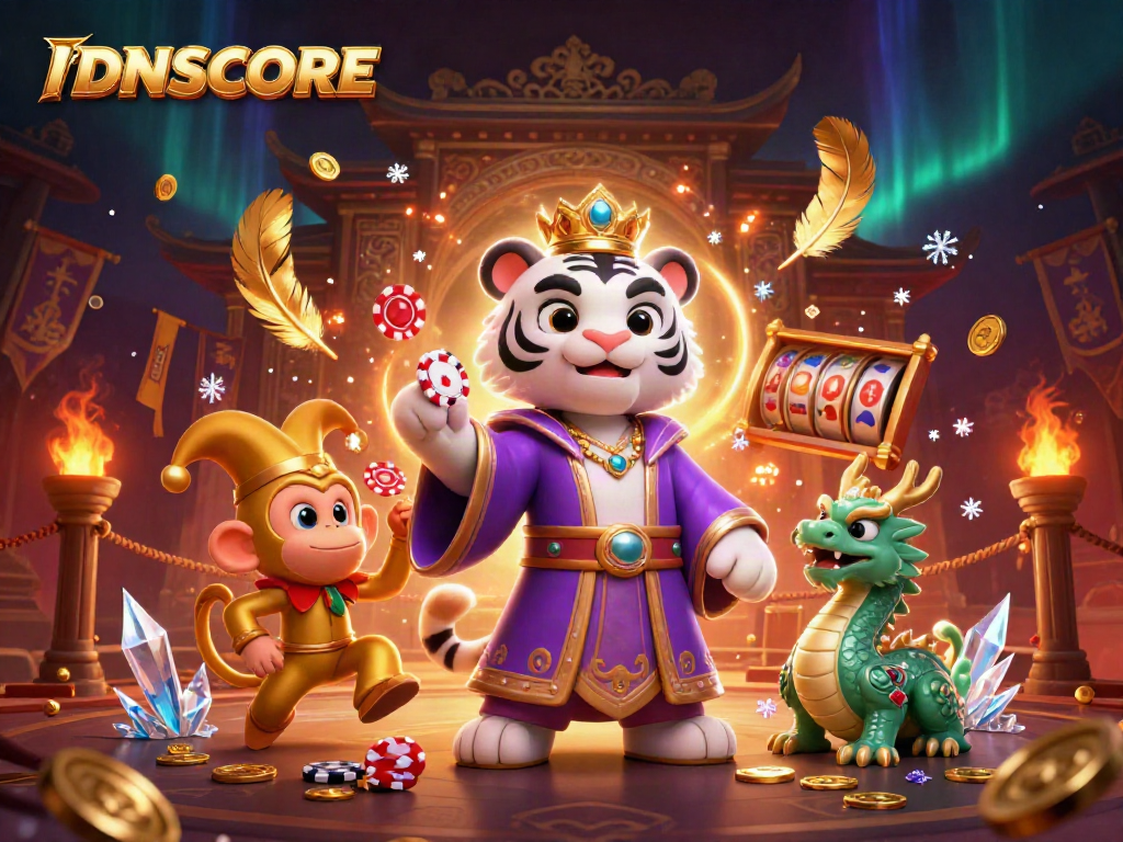 Experience the vibrant IDNSCORE 3D casino scene with a royal tiger, playful monkey, and lively dragon.