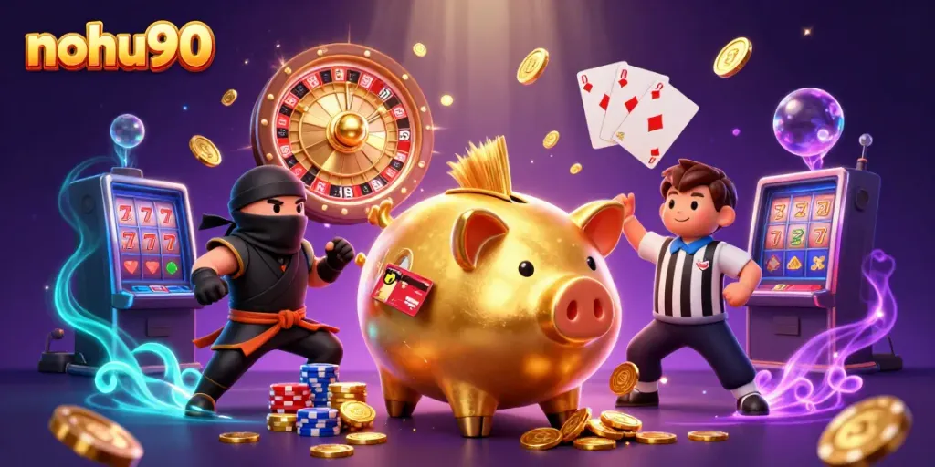 Join the excitement with nohu90 in a vibrant casino scene featuring a playful sumo wrestler and more.