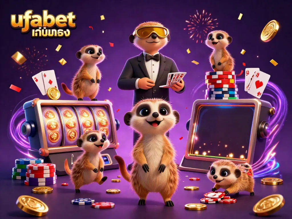 Experience the excitement at ufabet เว็บตรง with meerkats managing a lively casino operation, showcasing a dynamic array of casino elements.