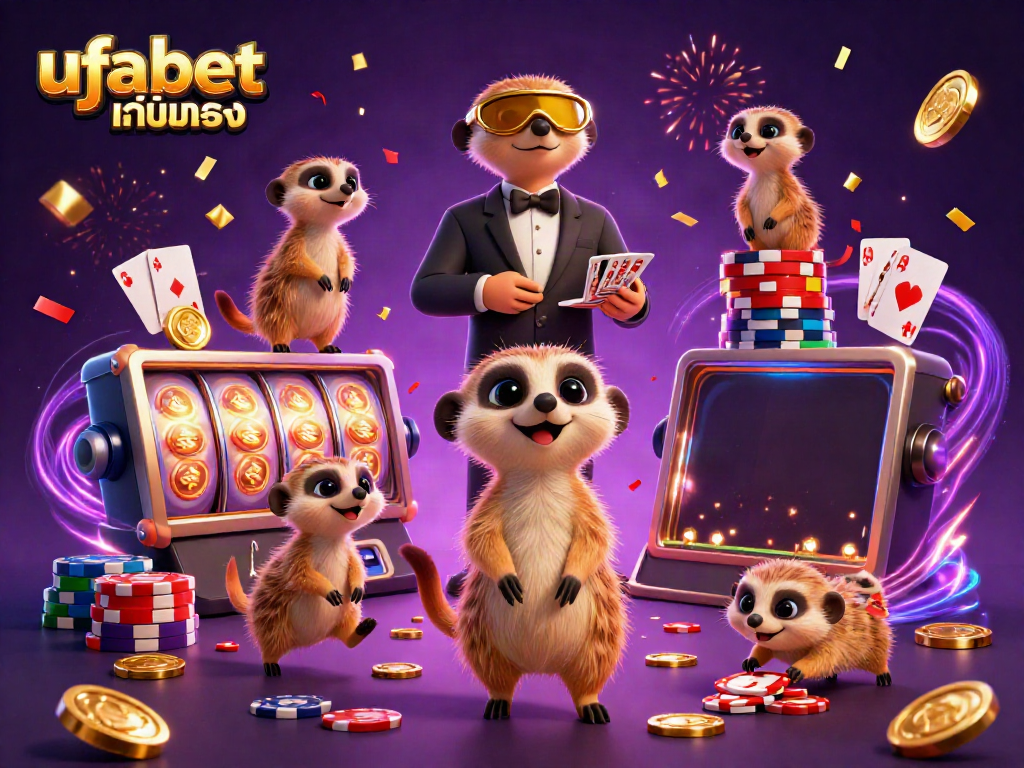 Experience the excitement at ufabet เว็บตรง with meerkats managing a lively casino operation, showcasing a dynamic array of casino elements.