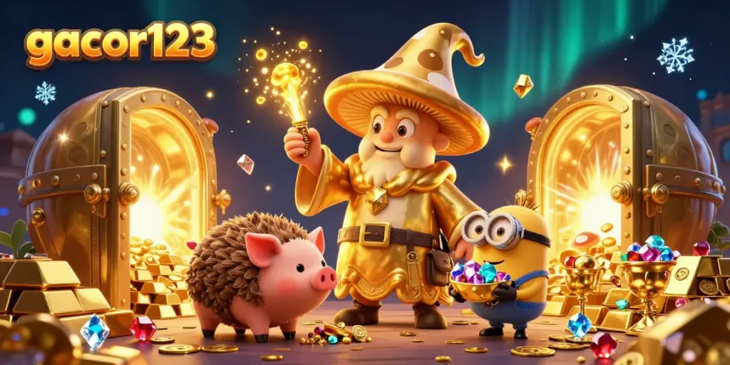 Engaging illustration of gacor123 featuring a golden mushroom wizard, treasure, and dynamic magical elements.