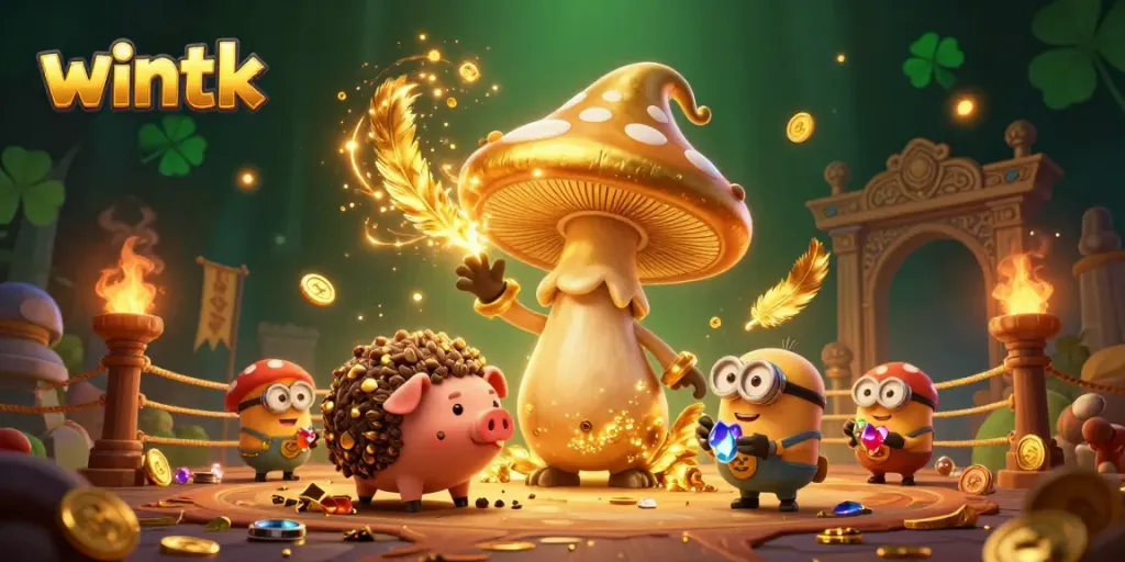 Wintk showcases a vibrant 3D magical scene filled with treasure and casino elements.