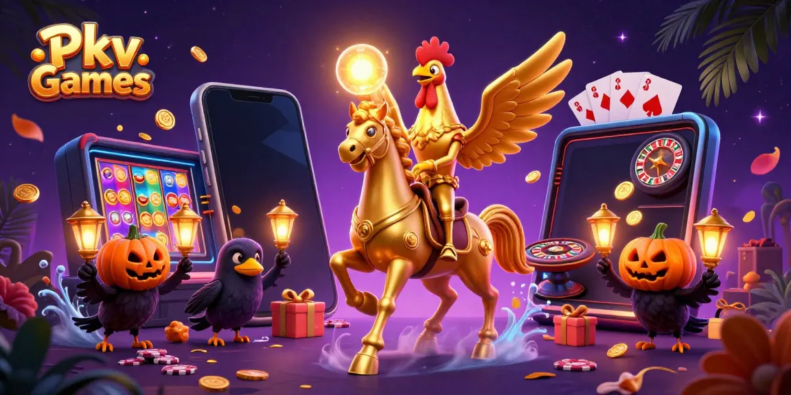 Experience Pkv Games in a vibrant casino scene with a golden rooster and spooky companions.