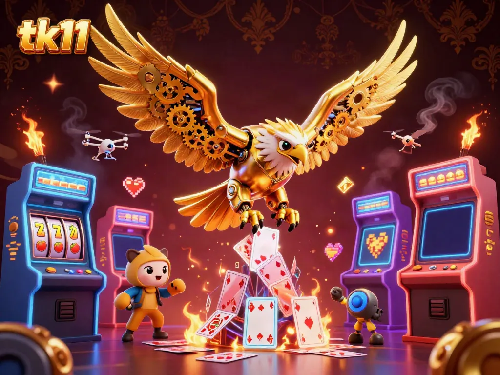 Engage in vibrant gameplay with tk11's dynamic casino scene featuring flying holographic cards.