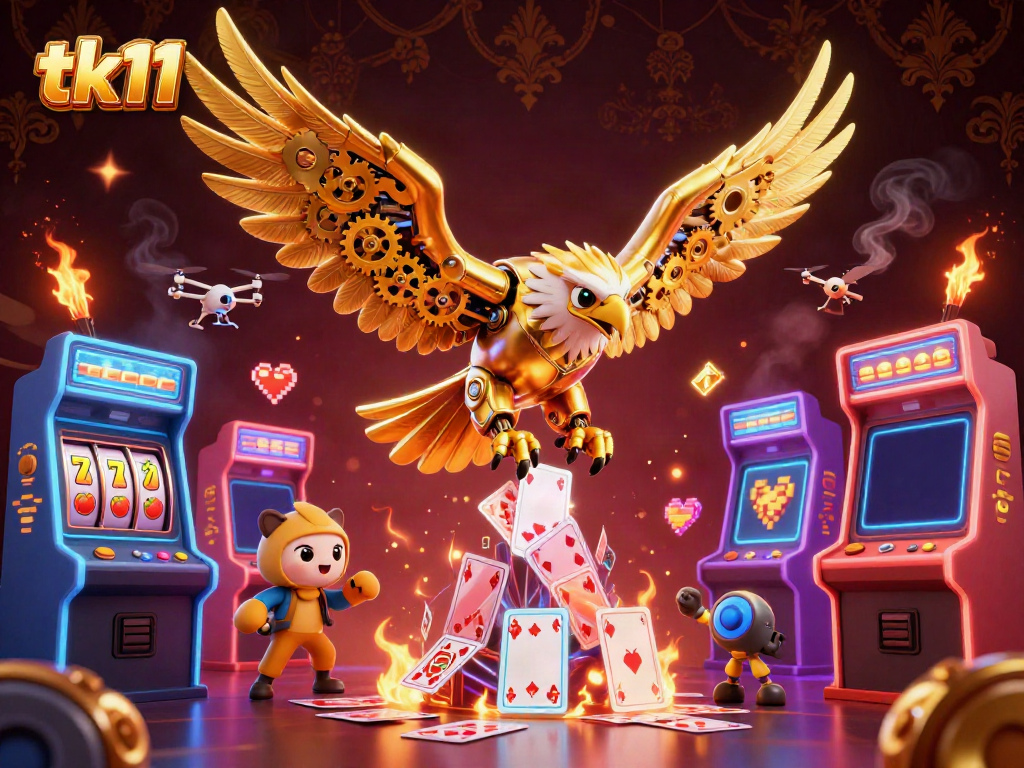 Engage in vibrant gameplay with tk11's dynamic casino scene featuring flying holographic cards.