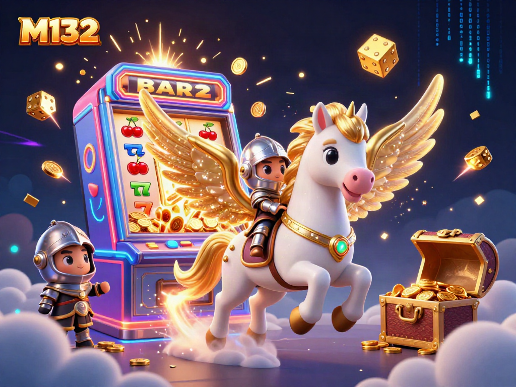 Play M132 with a vibrant scene of a celestial horse and jackpot excitement in a lively casino setting.