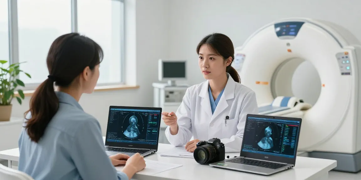 Radiologie Wolfsburg: Ärztin zeigt Diagnoseresultate einem Patienten in moderner, heller Beratungseinheit.