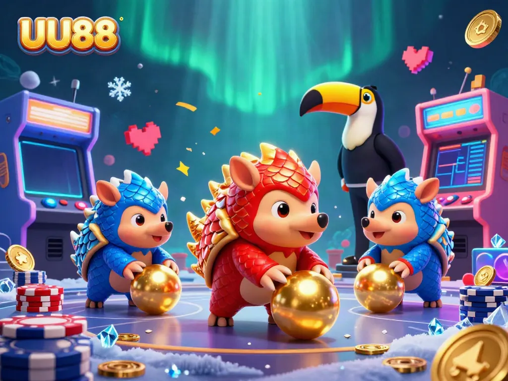 Experience thrilling gameplay at UU88 with colorful pangolins bowling through poker chips.