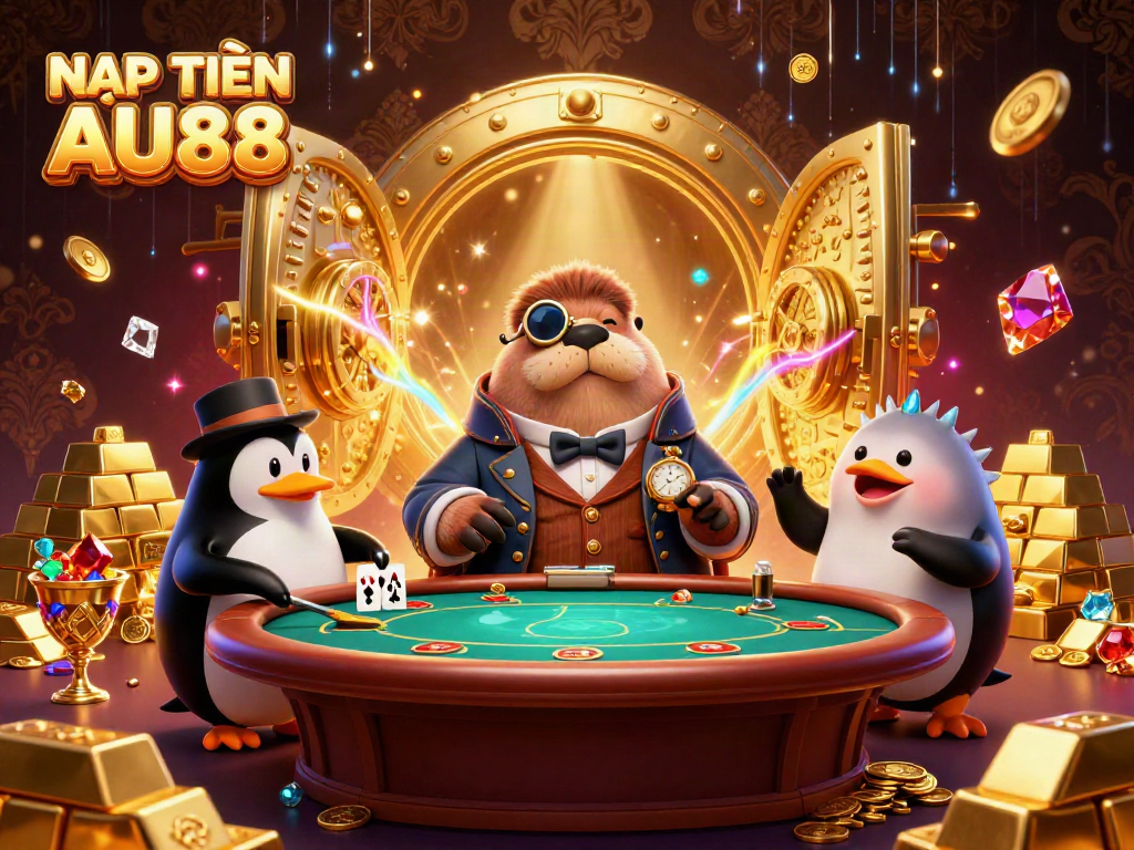 NẠP TIỀN AU88 showcases a jolly walrus at an underwater poker table with a sophisticated penguin dealer and a bluffing pufferfish surrounded by treasure.