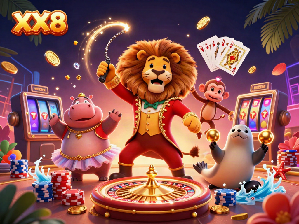 Experience the thrill of XX8 casino with vibrant characters and dazzling game elements in an exciting illustration.