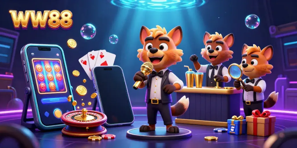 Join the fun with WW88 at a lively casino club, featuring hyenas in a comedic setting.