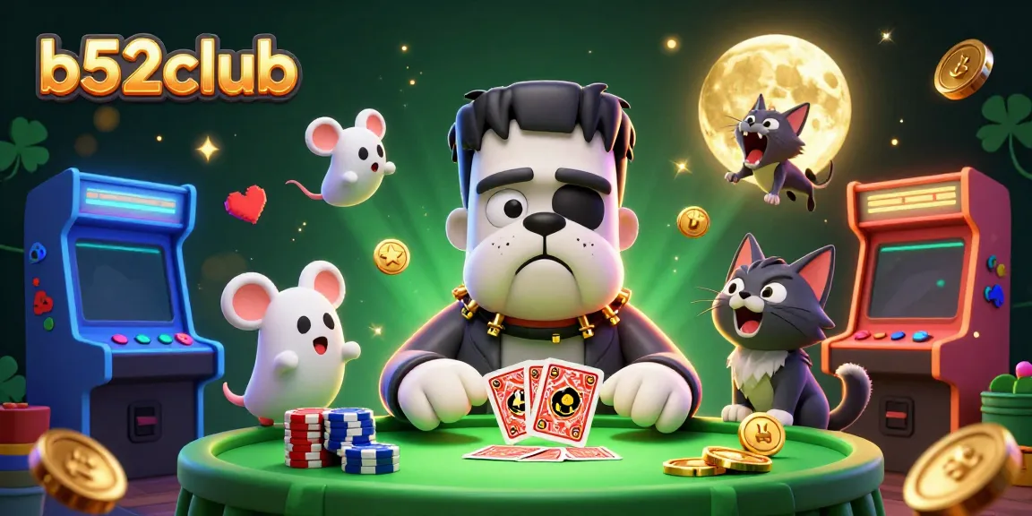Engage with b52club's thrilling card games at a spooky casino table, featuring vibrant characters and dynamic gaming elements.