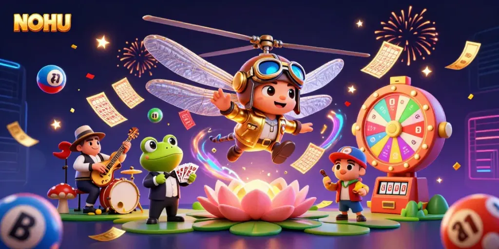 Play and win with NOHU at a vibrant lily pad casino featuring cartoon characters.