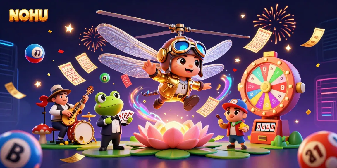 Play and win with NOHU at a vibrant lily pad casino featuring cartoon characters.