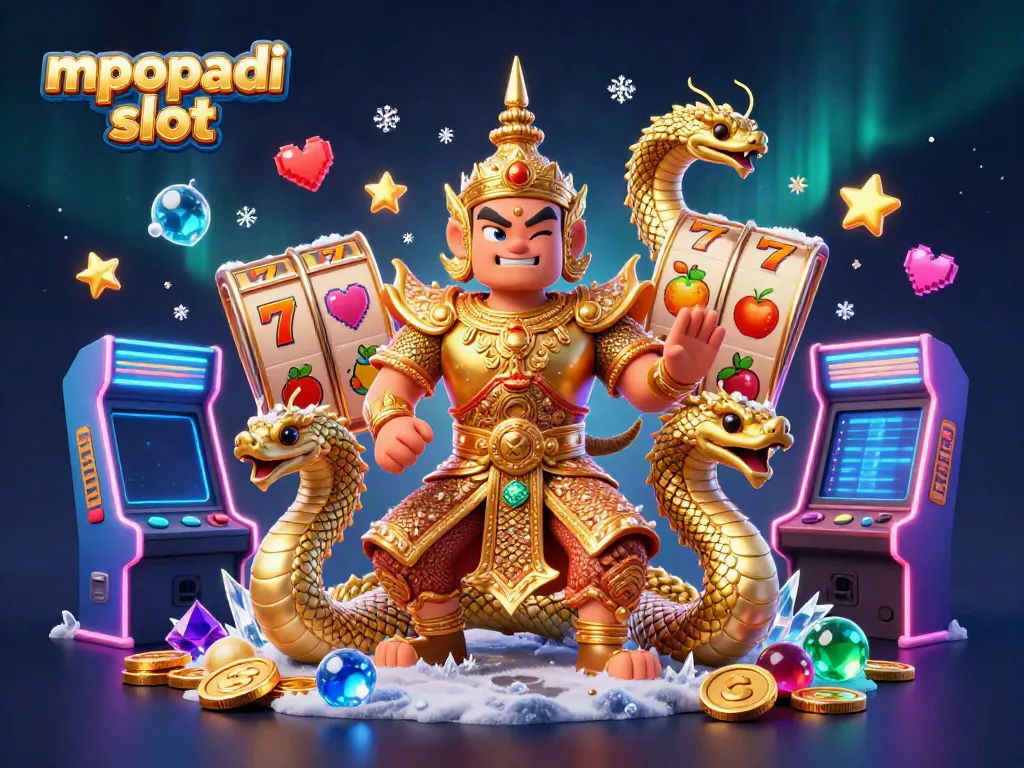 Engage with mpopadi slot amidst vibrant 3D character scene and casino elements including slot reels and jewels.