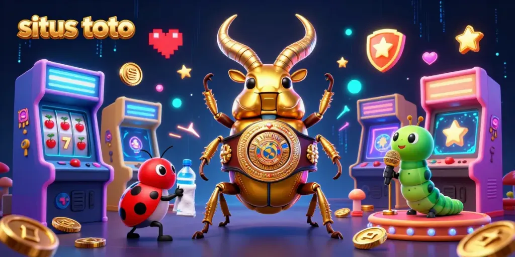 Engage in the excitement of situs toto gaming with a vibrant 3D illustration of characters battling over slot jackpots.