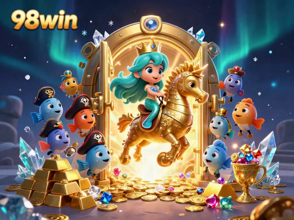 Experience the thrill of winning at 98win with vibrant characters and rich treasure elements.