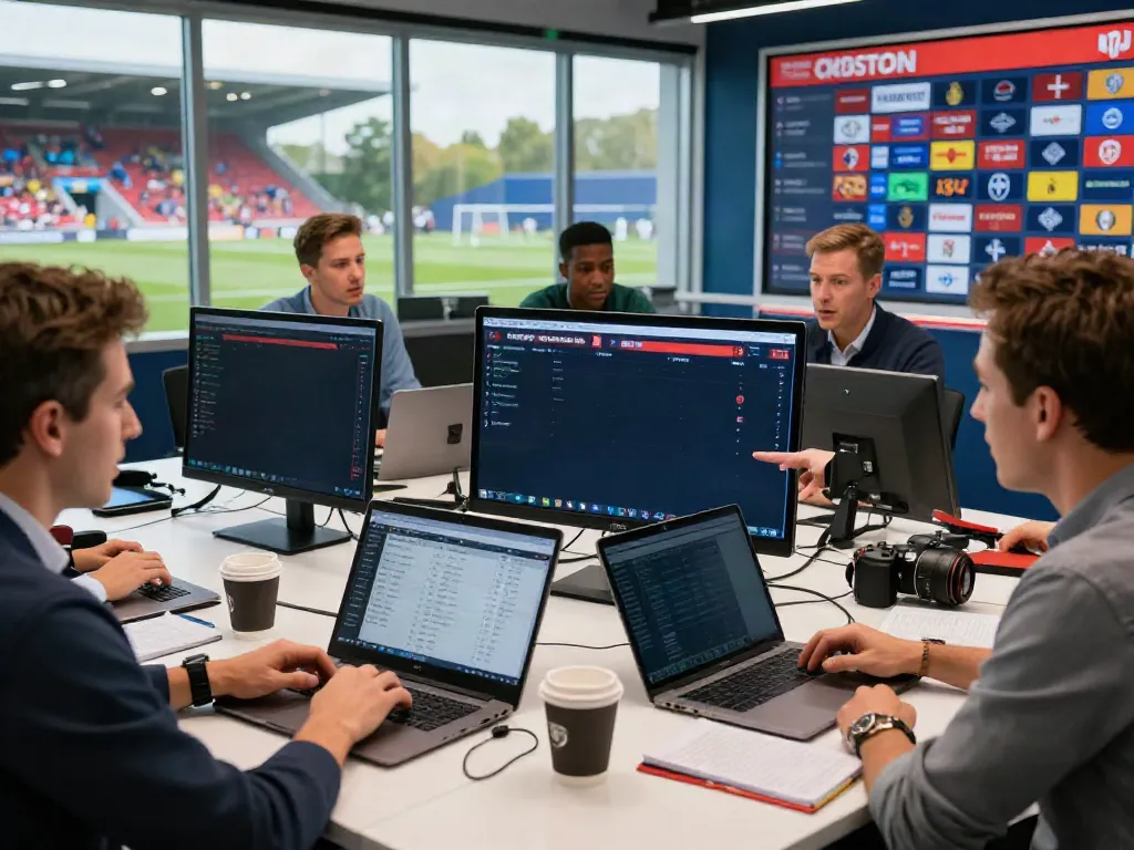 Exciting sports newsroom scene showcasing ข่าวกีฬาฟุตบอล with analysts discussing player transfers and live updates.