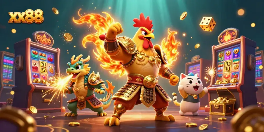 Experience the thrill of xx88 with an exciting scene of 3D cartoon characters surrounded by casino delights