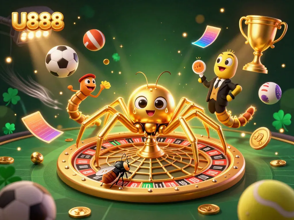 Bet on U888 with a vibrant scene of a golden spider spinning a roulette-themed web, capturing casino excitement.