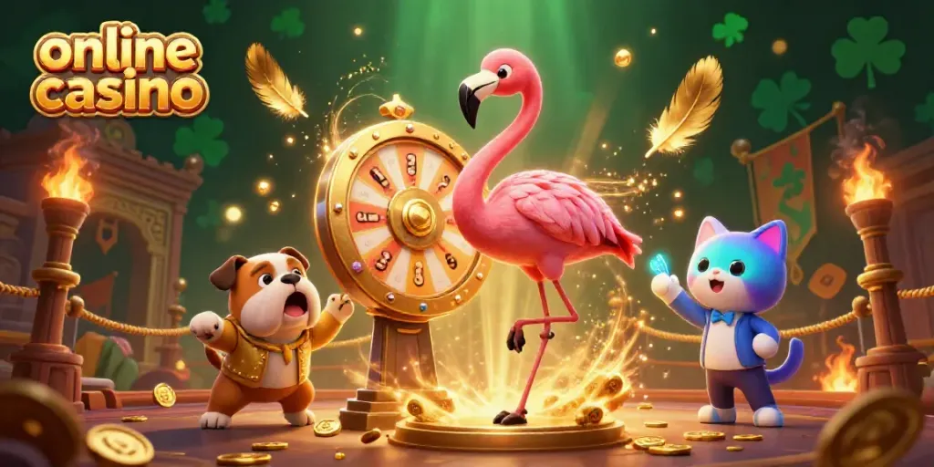 Exciting online casino scene with a game show host flamingo and bulldog contestant celebrating.